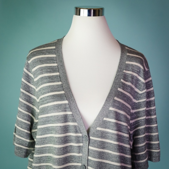 Talbots 3X Gray White Metallic Stripe Cardigan - Picture 2 of 5